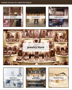 Deep brown leather bust displays for necklaces across various retail environments