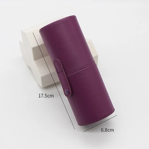 Macro detail of purple marble PU leather makeup brush holder with size dimensions