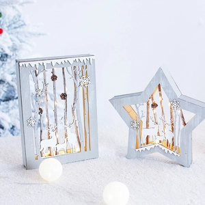 Wooden Christmas LED ornaments with reindeer and forest design, warm glow five-point star