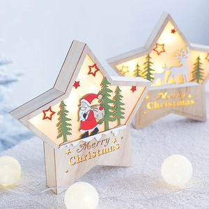 Nordic wooden LED star light with Santa and Reindeer patterns for Christmas table decor