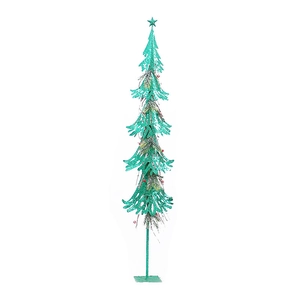 Slim teal Christmas tree display with glitter, red berries and a star topper