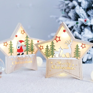 Nordic wooden LED star light box with Merry Christmas carving and reindeer ornaments