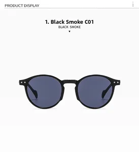 Front view of round glossy black sunglasses with dark smoke lenses and retro keyhole bridge