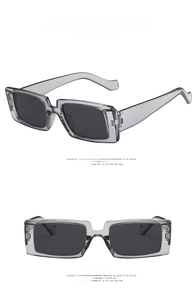 Detail view of transparent gray rectangle frame sunglasses with gray lenses from two angles