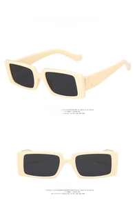 Detailed views showing the side profile and front structure of cream square sunglasses
