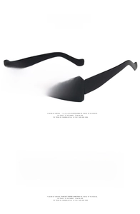 Detail view of black rectangular sunglasses showing front and side profile perspectives