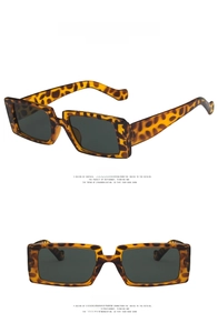Detailed views of square leopard print sunglasses with dark grey lenses and fashion frames