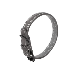 Adjustable grey PU leather pet collar with white stitching and black metal buckle