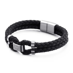 Double-layer black braided leather bracelet with silver stainless steel cross magnetic clasp