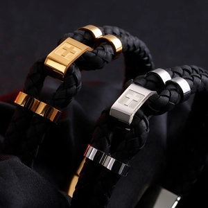 Handcrafted double-layer black braided leather bracelet with steel cross charms in gold and silver