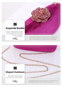 Detail of velvet clutch with rhinestone flower clasp and gold chain strap