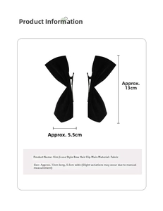Detail view of black velvet bow hair clips showing 13cm length and 5.5cm width dimensions