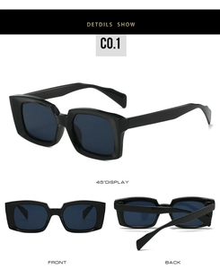 Detail view of bold square black frames and dark UV lenses from multiple angles