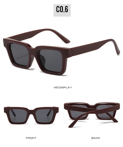 Three-angle view of vintage deep red square sunglasses with dark grey lenses