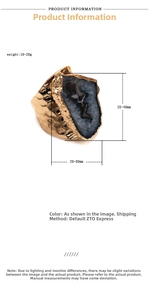 Detail of natural agate geode ring with irregular gold-plated hammered metal band