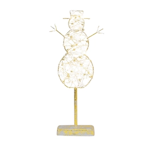 Christmas snowman iron wire ornament with gold beads and a sturdy metal base stand