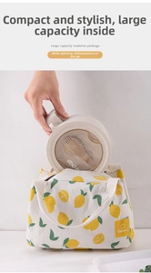 Detail of 850ml lunch box being placed into a canvas thermal bag with lemon patterns