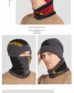 Detailaufnahme von dickem Fleecefutter und Strickmuster des Wintermützen- und Schal-Sets