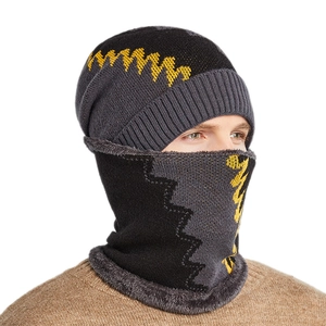 Herren Strickmütze und Loopschal Set mit Fleece-Futter und dreifarbigem Wellenmuster