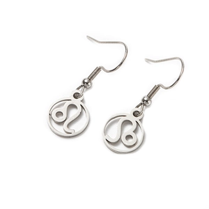 Polished stainless steel hoop earrings featuring an openwork Leo zodiac sign charm