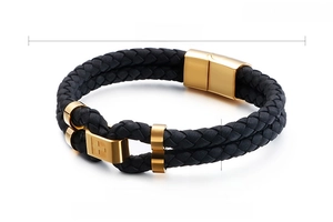 Detail view of double-layer braided leather bracelet with 316L stainless steel cross buckle