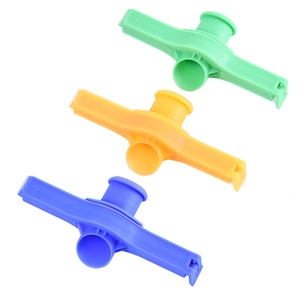 Three colorful plastic bag sealing clips with pouring spouts on white background