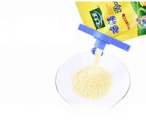 Blue plastic food bag sealer clip with discharge nozzle for precise pouring and storage