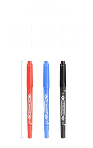 Detailed size specifications of 14cm dual-tip oil-based markers in red, blue, and black