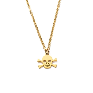 Polished gold skull and crossbones pendant on titanium steel chain against white background