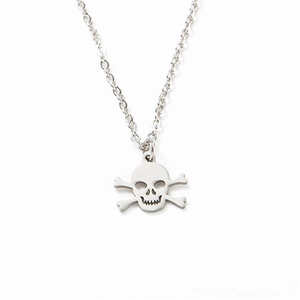 Silver skull and crossbones pendant necklace in durable titanium steel for Halloween