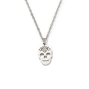 Silver titanium steel necklace featuring a detailed sugar skull pendant for men