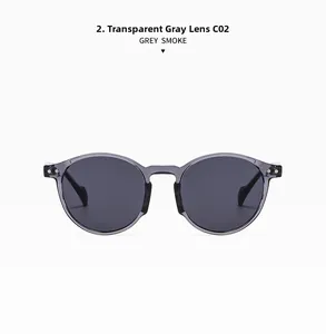 Detail of transparent grey round sunglasses frame with smoke grey lenses in color C02