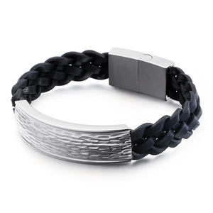 Men's black woven leather bracelet with hammered silver metal plate and magnetic clasp