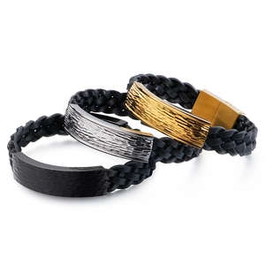 Braided leather bracelets for men with hammered metal plates in black, silver, and gold