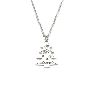 Silver stainless steel Christmas tree necklace with cutout swirl and star pendant on a white background