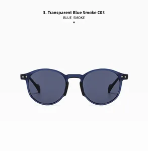 Detail view of round sunglasses C03 in transparent blue frame with smoke gray lenses