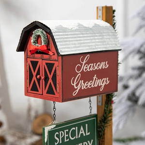 Red wooden Christmas mailbox decoration with Seasons Greetings and Special Delivery sign