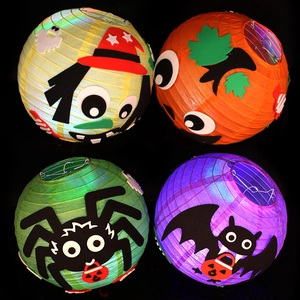 Halloween glowing paper lanterns with pumpkin spider and bat designs in 4 pack set