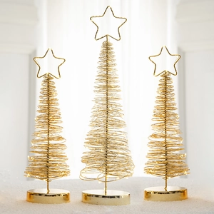 Set of 3 golden iron Christmas tree desktop ornaments with warm LED lights and star tops
