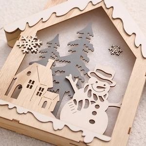 Nordic wooden house Christmas ornament with laser-cut snowman and pine tree scenery
