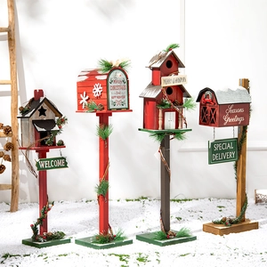 Wooden Christmas Mailbox Birdhouse Ornaments Snow Flocked Pine Tree Festive Holiday Yard Garden Home Decor Vintage Rustic