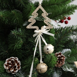 Glittering gold Christmas tree hanging ornament with bells and star cutouts for decor