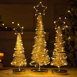 Iron Art LED Christmas Tree Decorations Metal Wire Spiral Conical Desktop Ornaments With Star Topper For Holiday Atmosphere