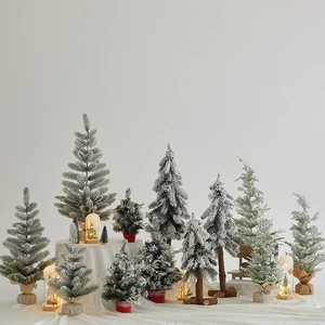 Mini Christmas Tree Tabletop Artificial Snow Flocked PE PVC Burlap Wood Base Winter Holiday Home Office Decoration