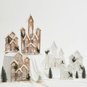Christmas Wooden Village House Ornament With LED Light Snow Pine Needle Berry For Home Tabletop Festive Decoration