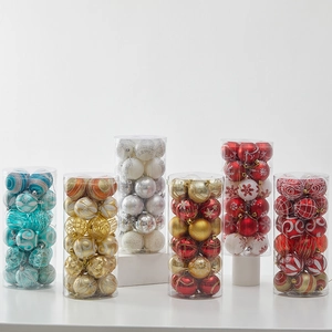 Set of 8cm painted Christmas balls with assorted finishes in clear plastic cylinders