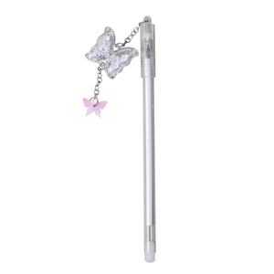 Cute white gel pen with sparkling butterfly pendant charms on a clean white background