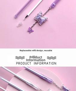 Detail of purple butterfly gel pen featuring replaceable refill design for sustainable use