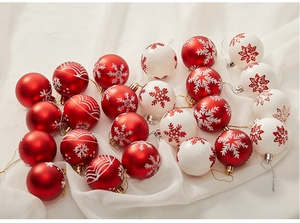 Detail of 6cm white and red Christmas ornaments with painted snowflakes and wave patterns