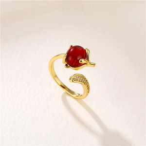Fox Shape Adjustable Open Ring Gold Plated Copper With Zircon And Colorful Gemstone For Women Trendy Jewelry Gift